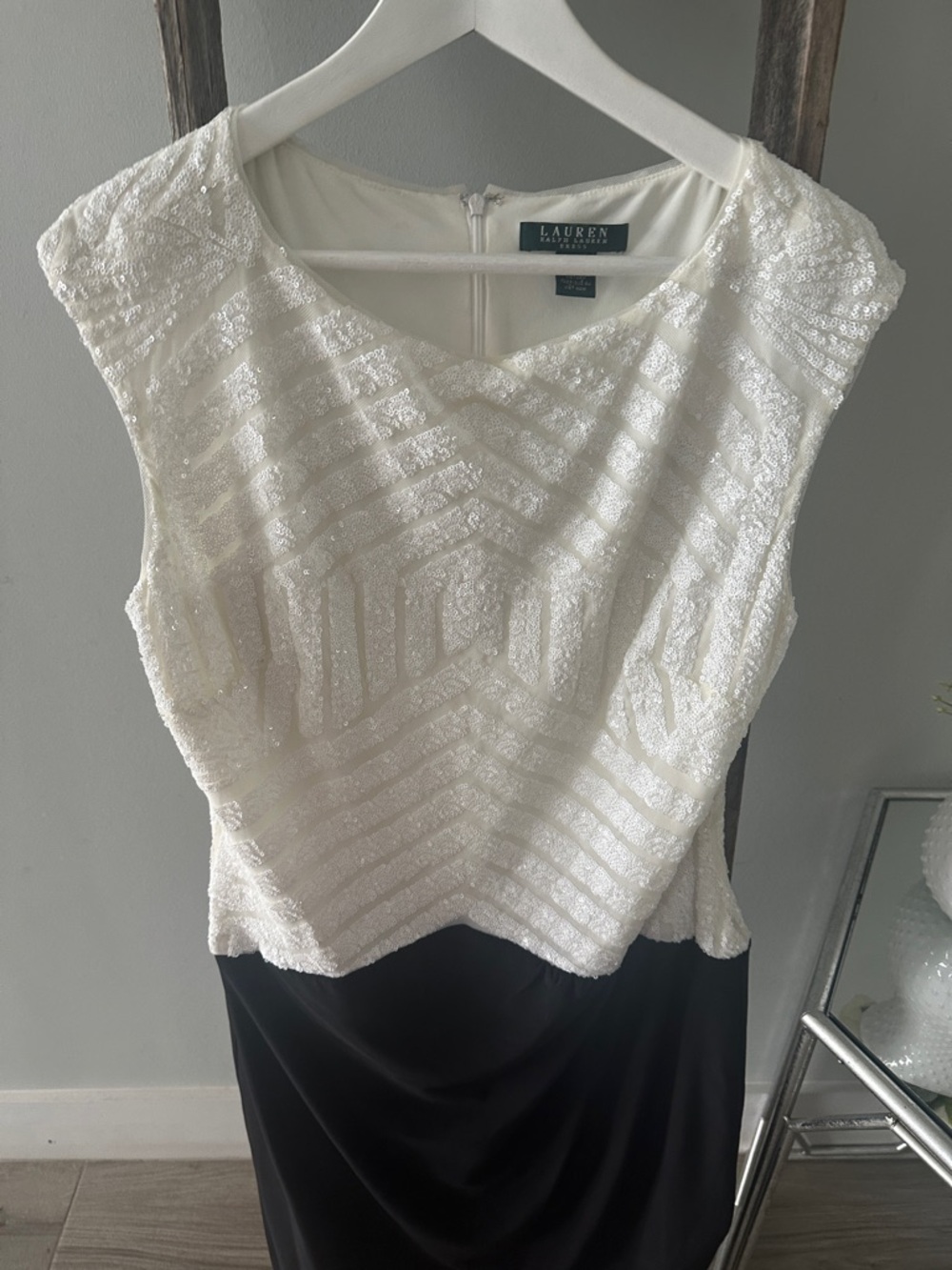 Lauren Ralph Lauren White Beaded Bodice Black Skirt Evening Dress